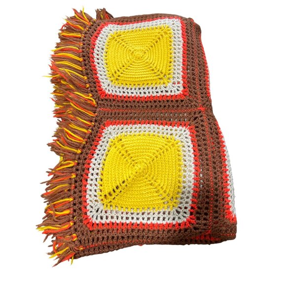 Grannie Square Throw Blanket Handmade Crochet Yellow Brown Fringe 70s Boho - Picture 4 of 4